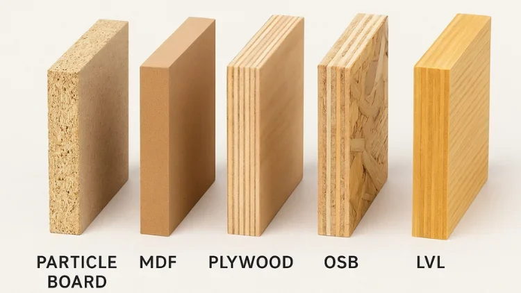 Engineered wood types: particle board, MDF, plywood, OSB and LVL
