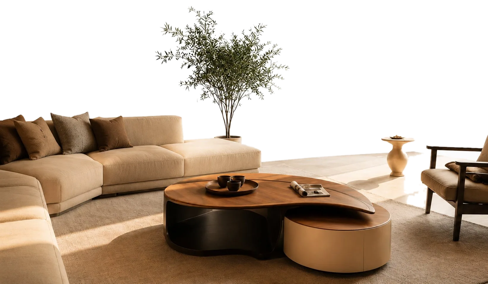 A handcrafted walnut table among a cream sofa, olive tree and wooden chair